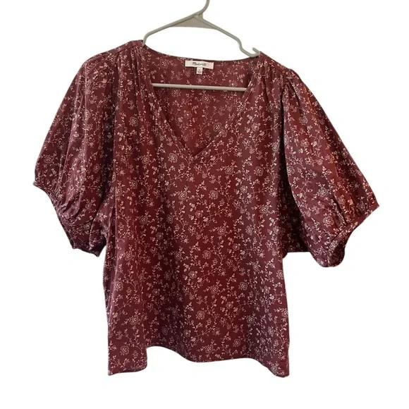 MADEWELL Puff Sleeve Floral Blouse Size L Burgudy Boho Fall top cottagecore - Picture 8 of 8